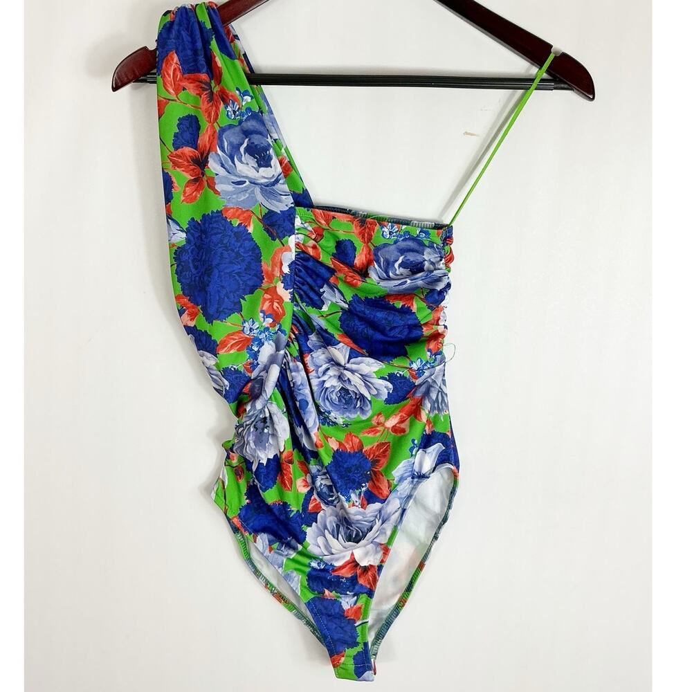 Zara Womens One Shoulder Bodysuit Floral Green Blue Small